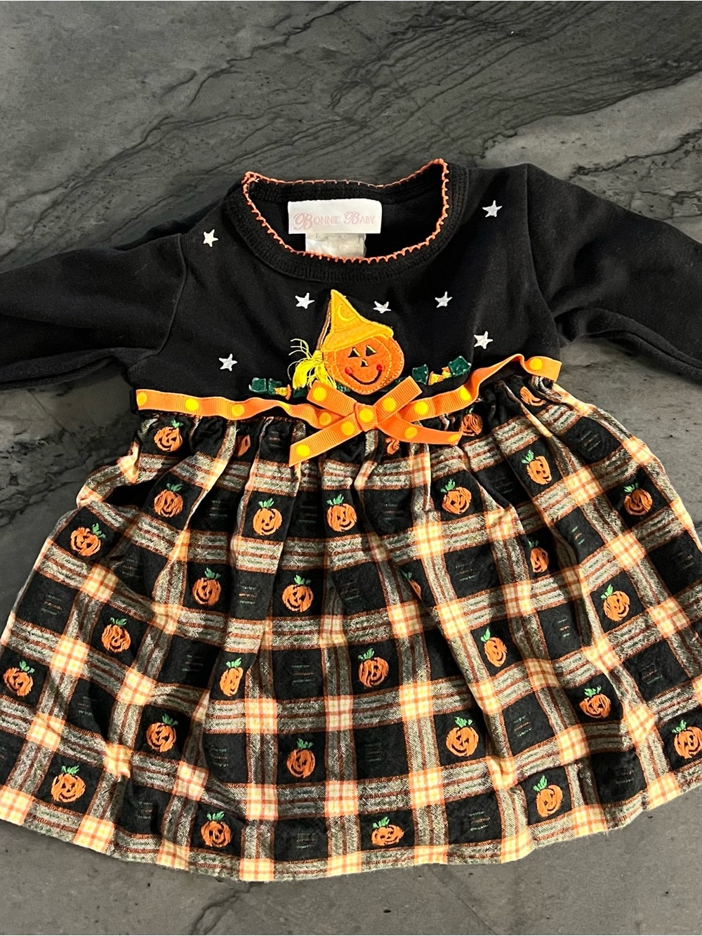 Bonnie Jean Black & Orange Pumpkin Plaid Dress with Applique